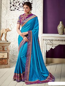 Odette - Blue Dual Tone Silk Designer Saree with Unstitched Blouse