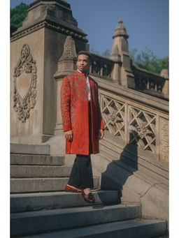 Jatin Malik - Crimson Lake Contemporary Jacket with Shirt and Trouser Belt (Set of 4)