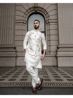 Jatin Malik - Porcelain Petals Nehru Jacket with Kurta and Trouser (Set of 3)