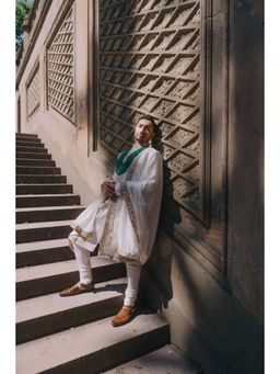 Jatin Malik - Moonlit Pearl Sherwani Kurta with Churidar and Stole (Set of 4)