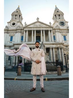 Jatin Malik - Blush Sherwani Kurta with Churidar and Stole (Set of 4)