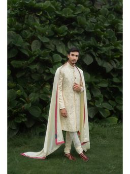 Jatin Malik - Butter Sherwani Kurta with Churidar and Stole (Set of 4)