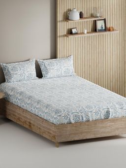 BIANCA - King Size Bedsheet with Pillow Covers (Set of 3) (Palladium) Floral-Blue/Beige