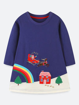 Oh Rare - Girl Navy Blue Round Neck Santa Claus Embroidered Round Neck Dress