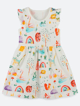 Oh Rare - Girl White Round Neck Printed Dress