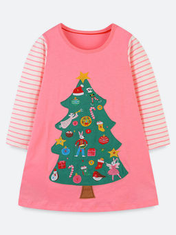 Oh Rare - Girl Peach Christmas Embroidered Tree Dress