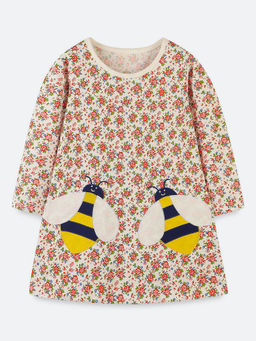 Oh Rare - Girl Cream Floral Bee Print Embroidered Dress