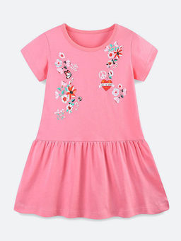 Oh Rare - Girl Pink Round Neck Printed Princess Dress