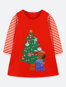 Oh Rare - Girl Red Cute Christmas Tree Embroidered Dress