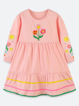 Oh Rare - Girl Peach Flower Embroidered Round Neck Dress