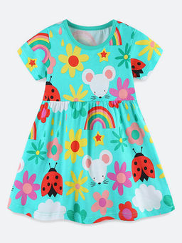 Oh Rare - Girl Turquoise Round Neck Printed Princess Dress