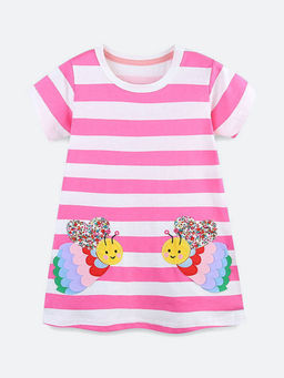 Oh Rare - Girl Pink Stripes Cartoon Bee Embroidery Patch Dress