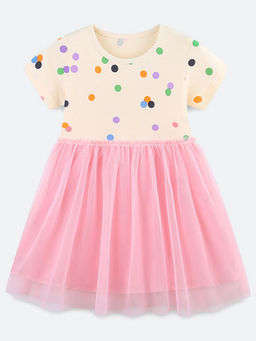 Oh Rare - Girl Cream Polka Dot Print Round Neck Princess Dress