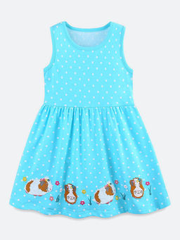 Oh Rare - Girl Blue Polka Dot Animal Embroidery Round Neck Princess Dress