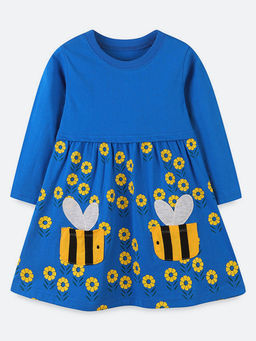 Oh Rare - Girl Blue Knitted Cotton Bee Pocket Flower Print Princess Dress