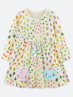 Oh Rare - Girl Yellow Printed Round Neck Princess Dress