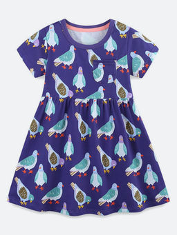 Oh Rare - Girl Purple Printed Round Neck Dress