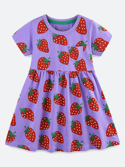 Oh Rare - Girl Purple Short-Sleeved Cute Strawberry Print Dress