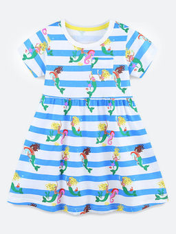Oh Rare - Girl Blue Round Neck Short Sleeve Striped Print Dress