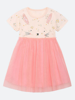 Oh Rare - Girl Peach Cartoon Embroidery Mesh Princess Dress