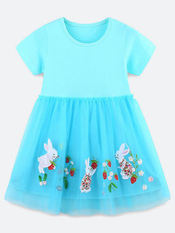 Oh Rare - Girl Blue Short-Sleeved Rabbit Print Party Mesh Embroidered Dress