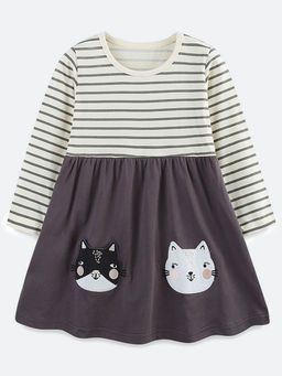 Oh Rare - Girl Off White Full Sleeved Round Neck Dress