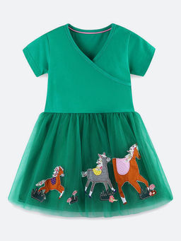 Oh Rare - Girl Green Animal Cartoon Embroidered Princess Dress