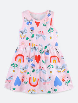 Oh Rare - Girl Pink Round Neck Printed Princess Dress