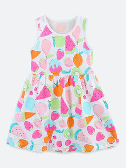 Oh Rare - Girl White Fruit Print Sleeveless Vest Round Neck Dress