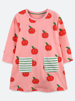 Oh Rare - Girl Peach Apple Print Long Sleeve Dress