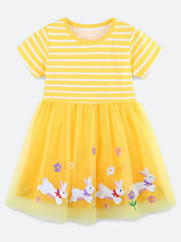 Oh Rare - Girl Yellow Stripes Rabbit Embroidery Mesh Princess Dress