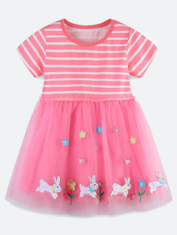 Oh Rare - Girl Pink Stripes Embroidered Princess Dress