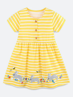 Oh Rare - Girl Yellow Stripes Animal Embroidery Princess Dress