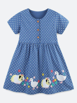 Oh Rare - Girl Blue Polka Dot Animal Embroidery Dress