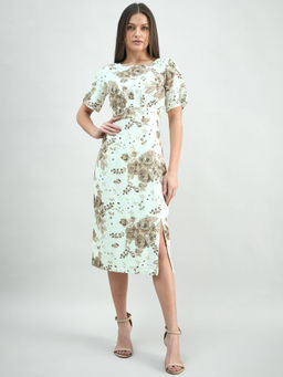 Powersutra - White & Beige Elegant Floral Print Round-Neck Midi Dress In Linen Blend