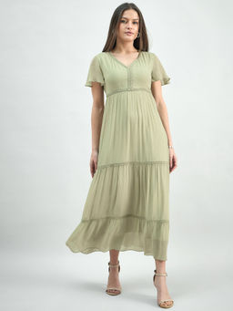 Powersutra - Green Tiered Lace Detailed Georgette Midi Dress