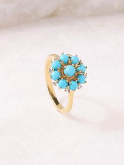 Ornate Jewels - 925 Silver 2 Micron 18K Gold Plated Round Turquoise Beads Flower Ring for Women