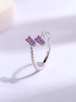 Ornate Jewels - 925 Silver Rhodium Plated Baguette Natural Amethyst Adjustable Ring for Women & Girls