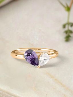 Ornate Jewels - 925 Silver 18K Gold Plated Amethyst Toi Et Moi Adjustable Ring for Women & Girls