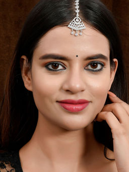 Silvermerc Designs - Women Silver Plated American Diamond Studded Handcrafted Maangtikka