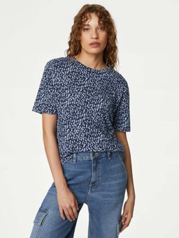 Marks & Spencer - Blue Cotton Modal Blend Printed T-Shirt
