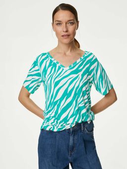 Marks & Spencer - Green Linen Blend Printed V-Neck Top