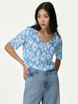 Marks & Spencer - Blue Linen Blend Printed V-Neck Top