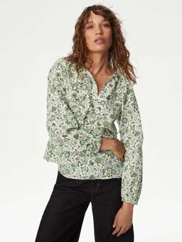 Marks & Spencer - Green Pure Cotton Printed Tie Neck Top