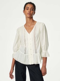 Marks & Spencer - Off White Pure Cotton Lace Frill Detail Top