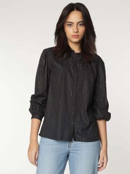 Marks & Spencer - Black Mandarin Neck Stripes Shirt