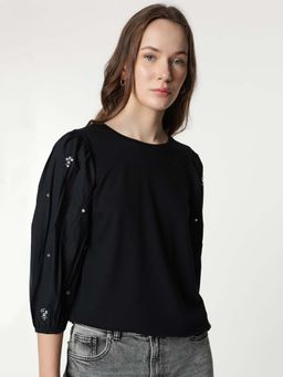 Marks & Spencer - Black Cotton Rich Embellished Three Fourth Sleeves Top
