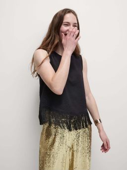 Marks & Spencer - Black Self Design Round Neck Tassel Top