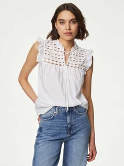Marks & Spencer - White Pure Cotton Ruffled Neck Lace Insert Top