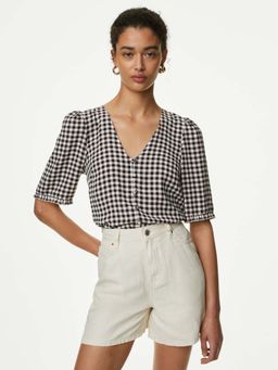 Marks & Spencer - Black Checks V-Neck Puff Sleeve Top